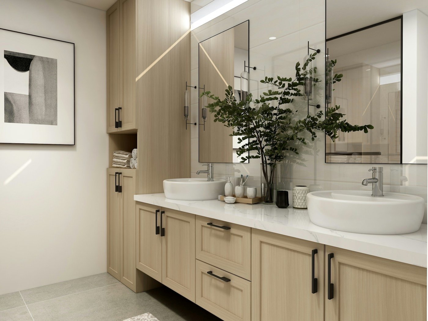 A modern double bathroom vanity with vessel sinks